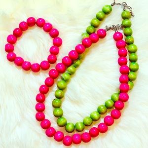 Bead Necklaces & Bracelet Set-Hot Pink-Lime Green